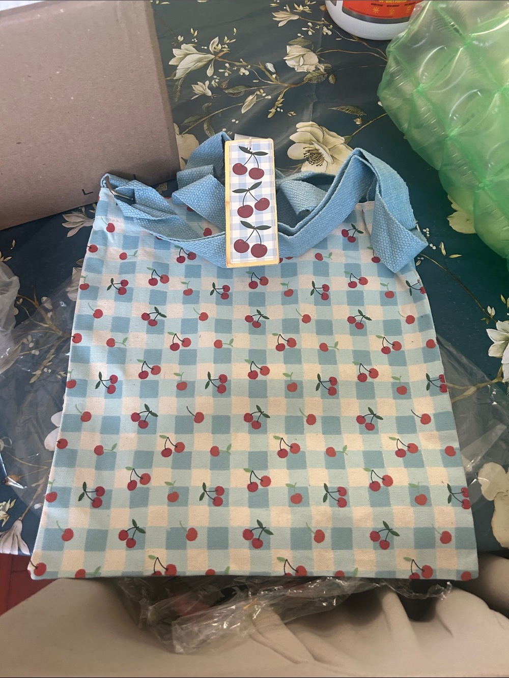 Blue Gingham Cherry Tote Bag
